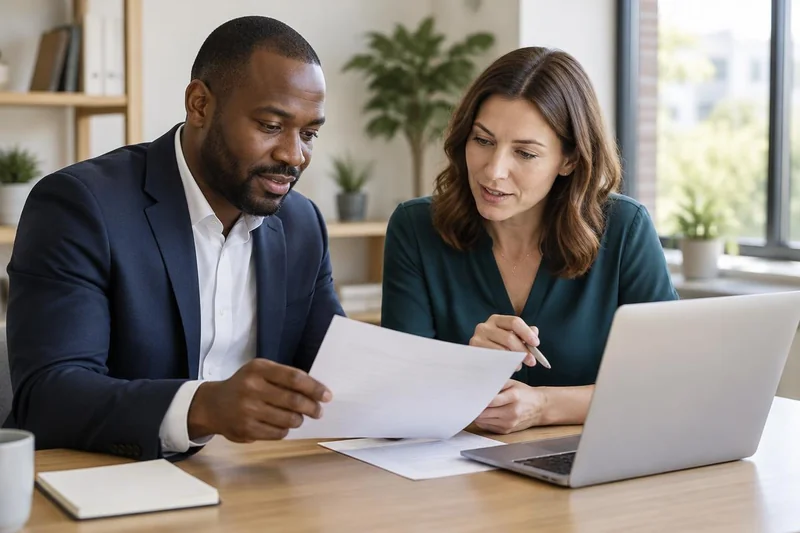 AI-generated illustration of a recruiter reviewing candidate materials at a laptop.