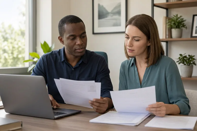 AI-generated illustration of a recruiter reviewing candidate materials at a laptop.